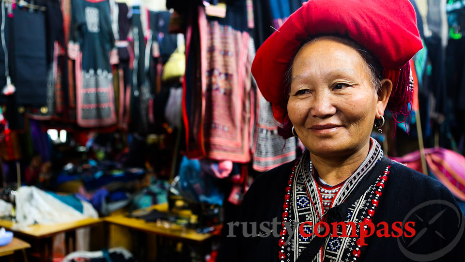 Ethnic Dzao seller upstairs in Sapa market.